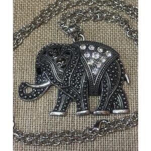 Vintage Large Statement Necklace Rhinestone Silver-Tone Elephant Pendant Charm